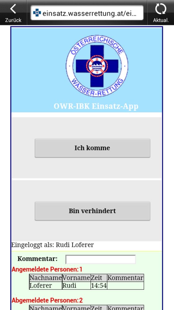 Bildschirmfoto der Einsatz-App von 2012