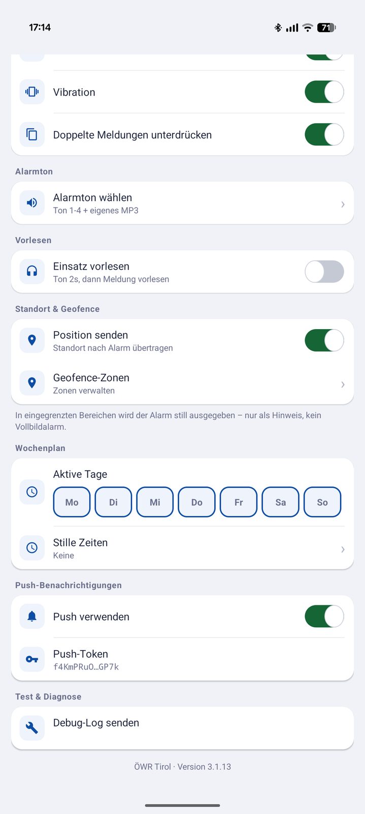 Einstellungen der App: Alarmton, Vorlesen, Standort und Geofence, Wochenplan, Push und Debug-Log