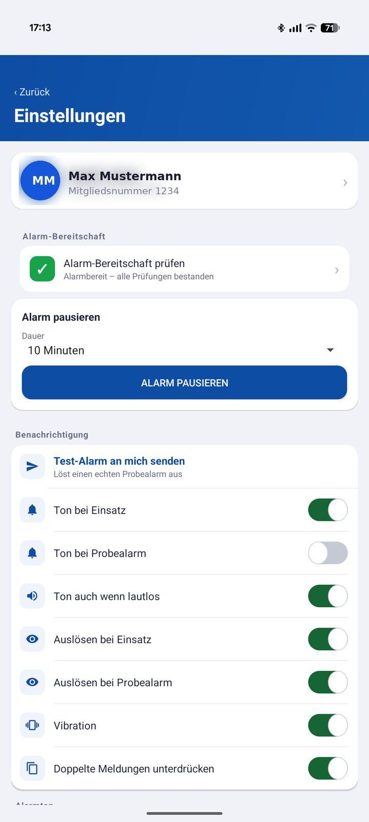 Einstellungen der App: Konto, Alarm-Bereitschaft, Pausieren und die Schalter für Ton, Vibration und Vollbildalarm