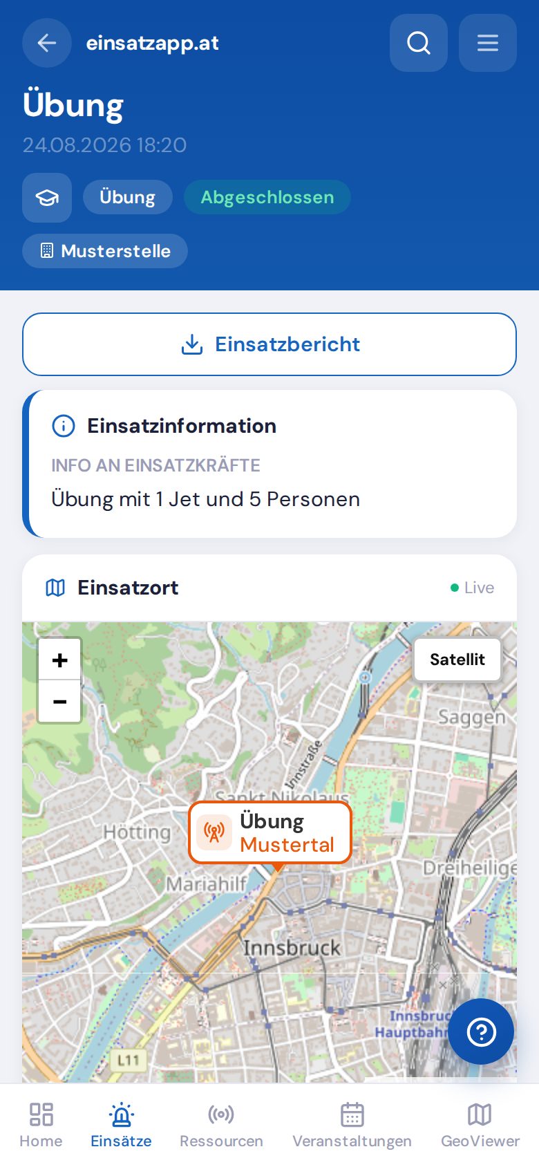 Detailseite eines Einsatzes mit Karte und Ressourcen