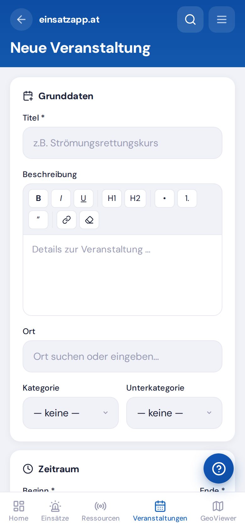 Eingabemaske Neue Veranstaltung: Grunddaten und Zeitraum