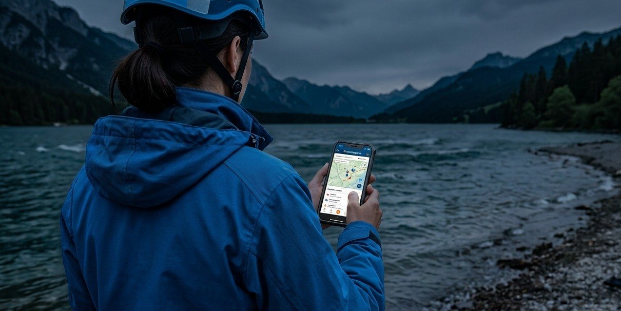 Einsatzkraft der Wasserrettung am Seeufer mit der einsatzapp am Mobiltelefon