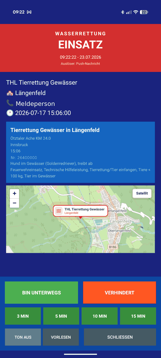 Alarm auf einem Android-Handy: Einsatzart, Ort, Meldungstext und Karte, darunter die Knöpfe Bin unterwegs und Verhindert sowie die Auswahl der Anfahrtszeit.