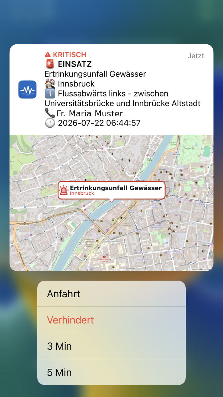 Alarm auf einem iPhone: Kritische Benachrichtigung mit Einsatzart, Ort, Meldungstext und Lagekarte, darunter die Knöpfe Anfahrt und Verhindert sowie die Auswahl der Anfahrtszeit.